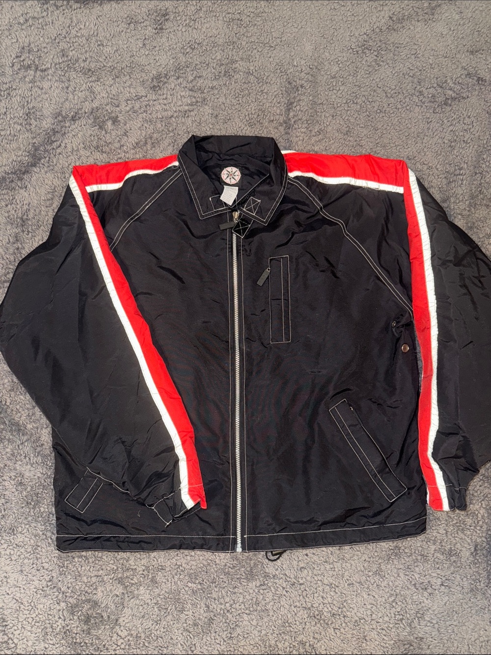 Vintage Marlboro Men's Black Jacket with Red & Gray Racing Stripes Size Large
